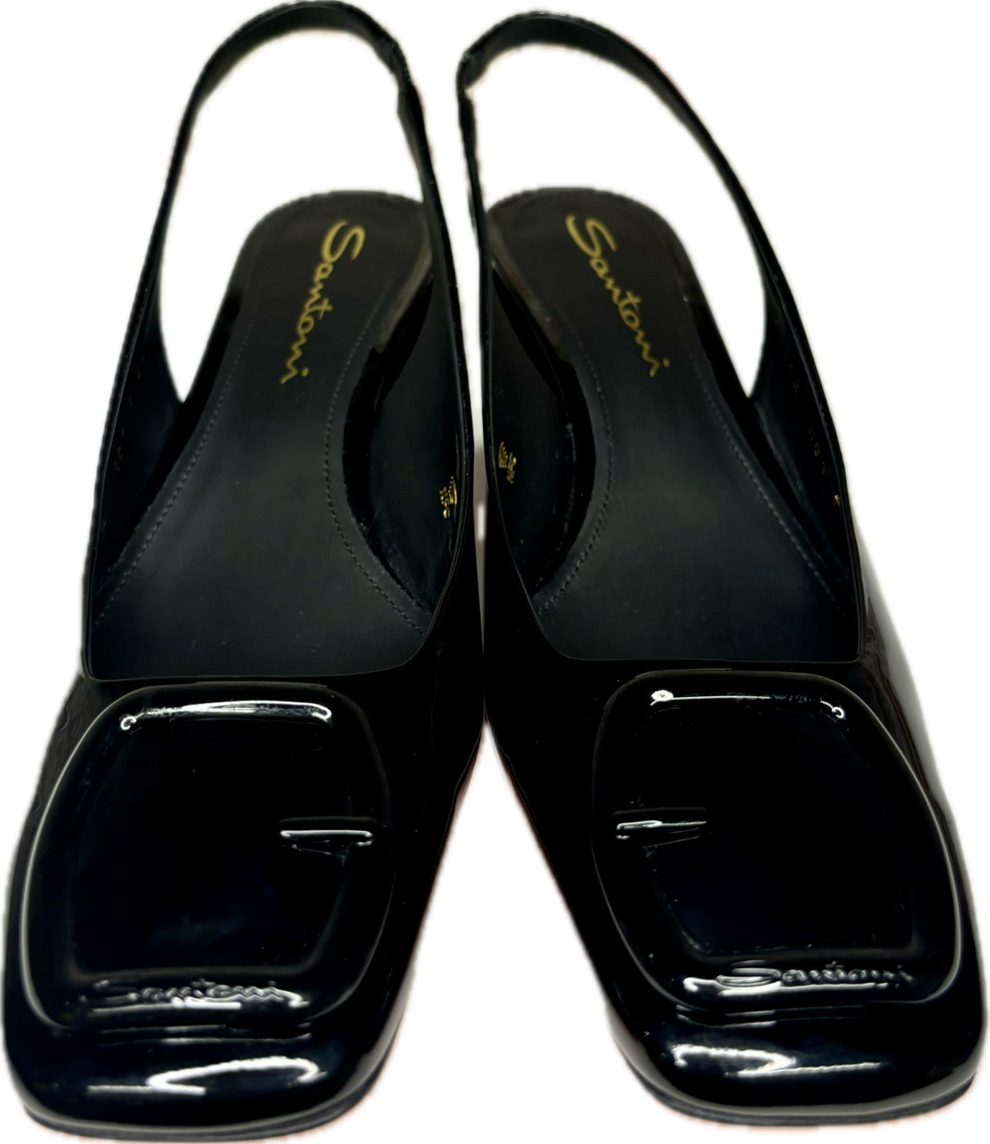 Santoni Black Leather Patent Slingback Heels, Sz 8.5