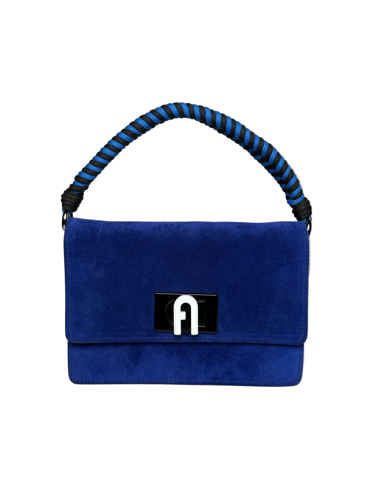 Blue Furla purse with black and white Furla logo and a blue and black top handle