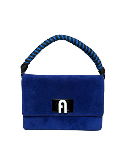 Blue Furla purse with black and white Furla logo and a blue and black top handle