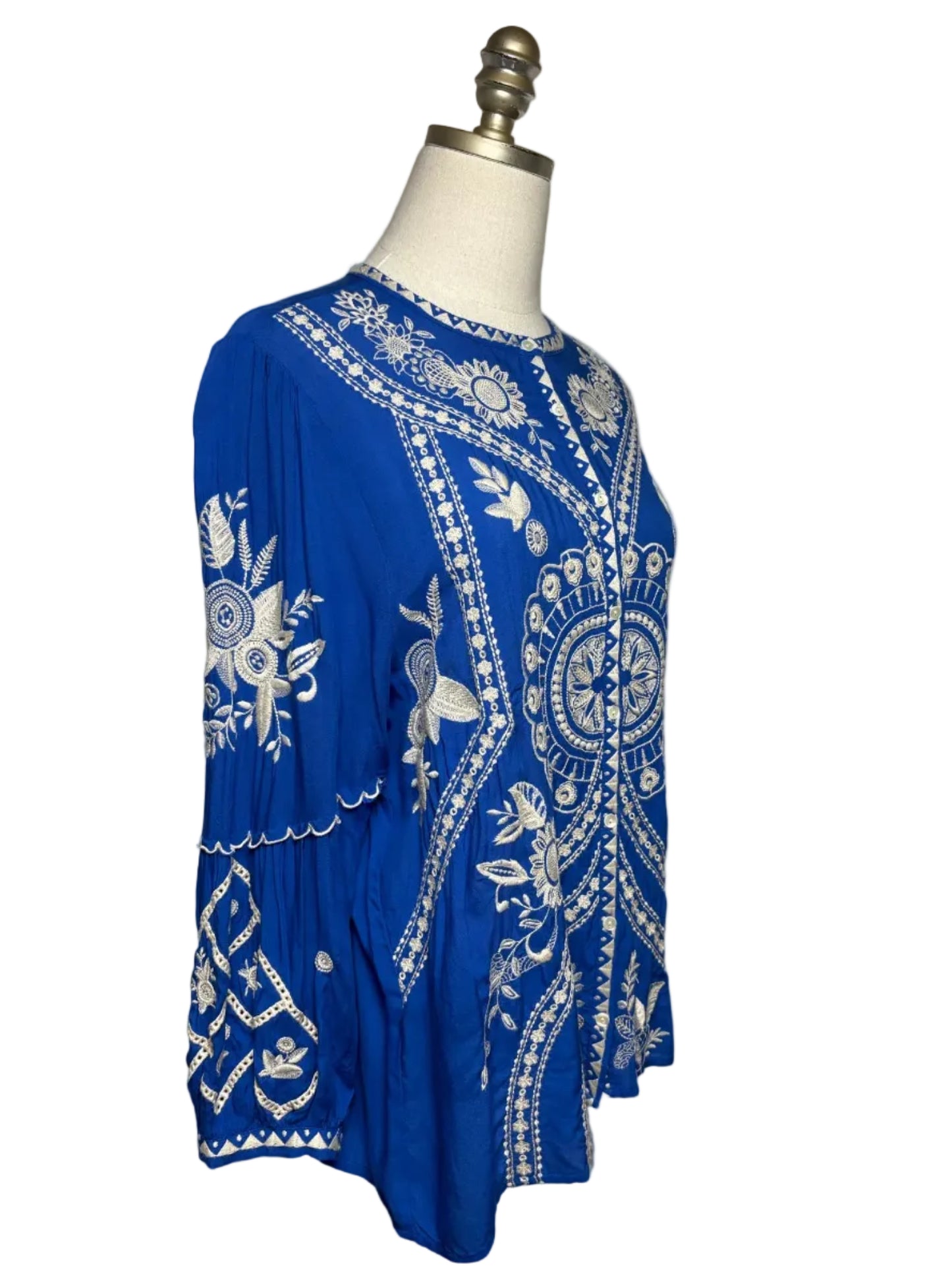 Women Size L Johnny Was Workshop Blue Embroidered Pre-owned Top