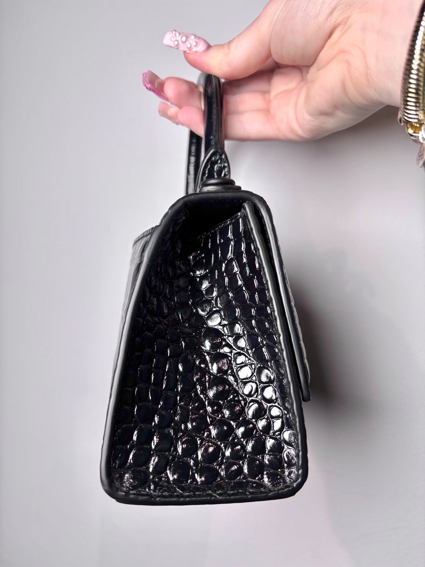 Balenciaga Hourglass Handbag Croc Embossed Black Mini Purse