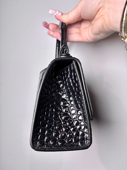Balenciaga Hourglass Handbag Croc Embossed Black Mini Purse