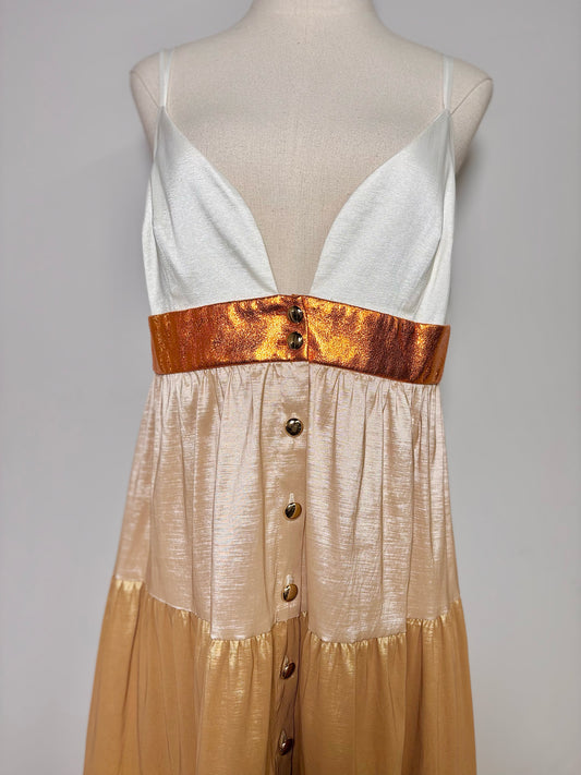 Women Size 8 Kimberly Goldson Gold, Yellow, Cream, Tan, Khaki Tiers Dress