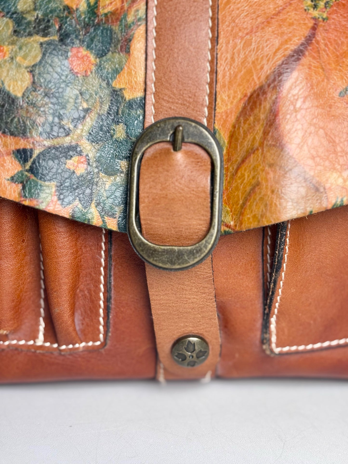 Women's Patricia Nash Saddle Bag Painted Flowers Vint Leather Pre-owned Caramel