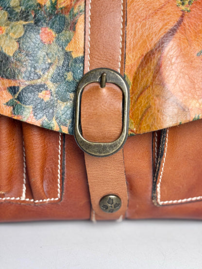 Women's Patricia Nash Saddle Bag Painted Flowers Vint Leather Pre-owned Caramel