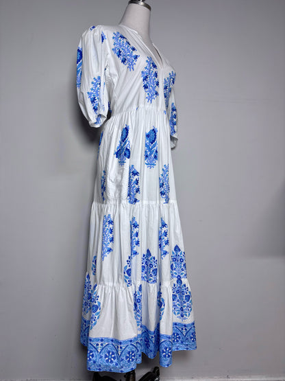 Women Size S Oliphant Maxi Laguna White/Blue Print Cotton Pre-owned, NWT Dress