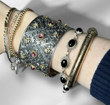 Konstantino Filigree Pink Tourmaline, Blue Topaz Cuff 18K Gold, 925 Cuff