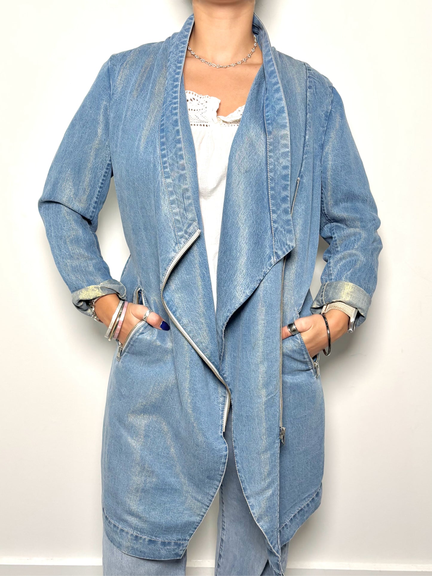 Women Size M SOIA & KYO Washed Blue Solid Tencel Blend Pre-owned Jacket