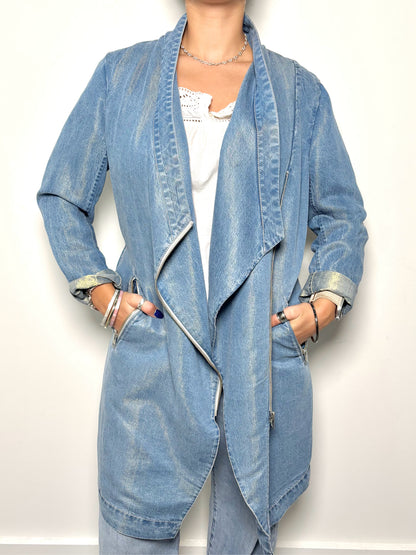 Women Size M SOIA & KYO Washed Blue Solid Tencel Blend Pre-owned Jacket