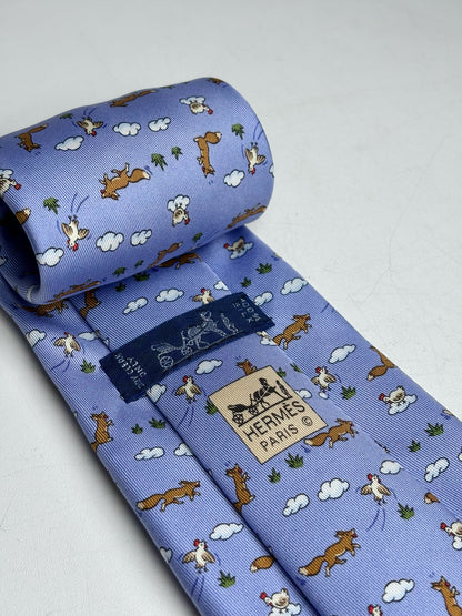 Hermes Sky Blue 100% Silk Fox, Chicken Flying Men's Vintage Pre-owned Tie