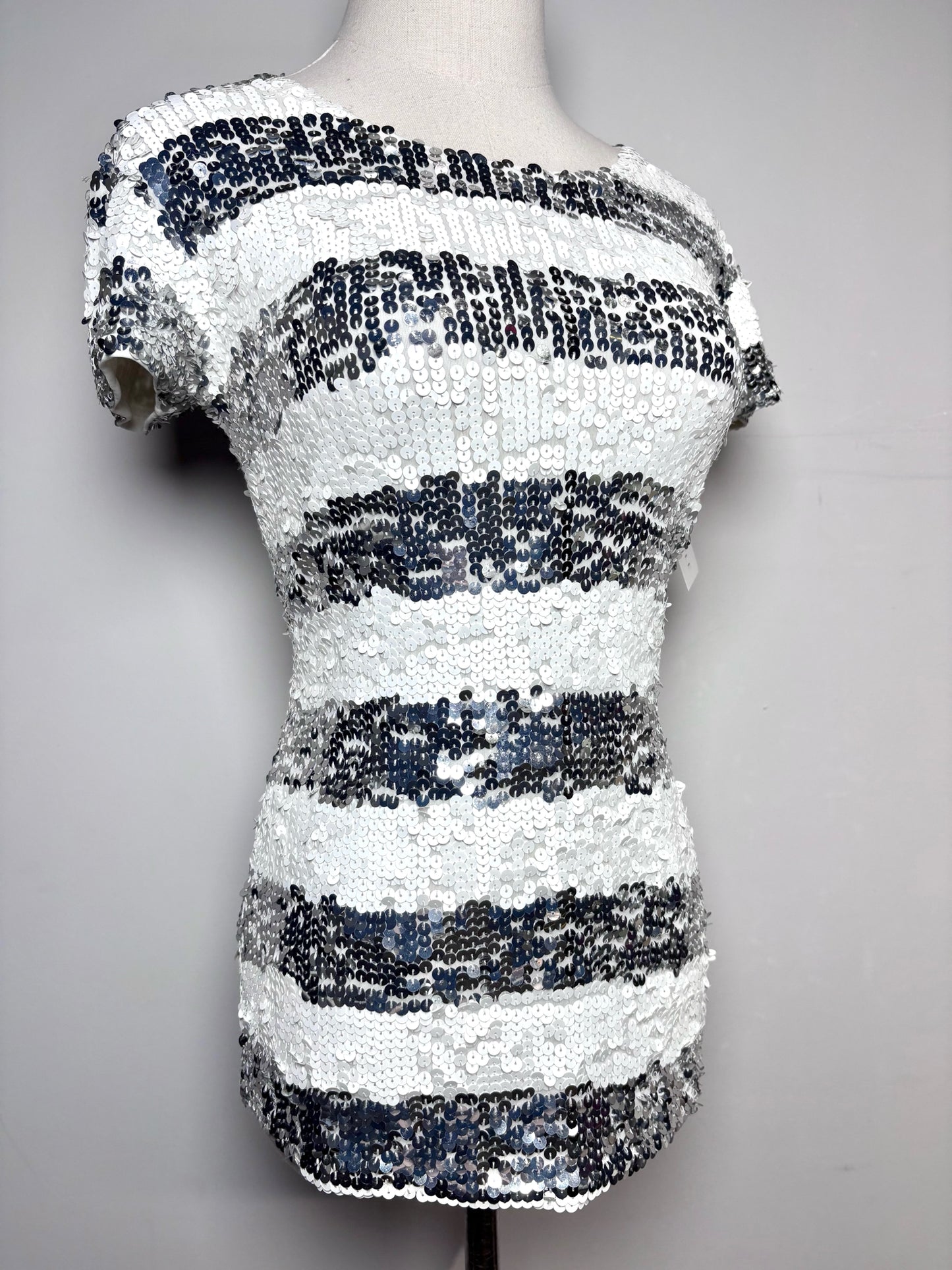 Women Size S Alice + Olivia White & Silver Horizontal Stripes Top