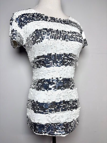 Women Size S Alice + Olivia White & Silver Horizontal Stripes Top