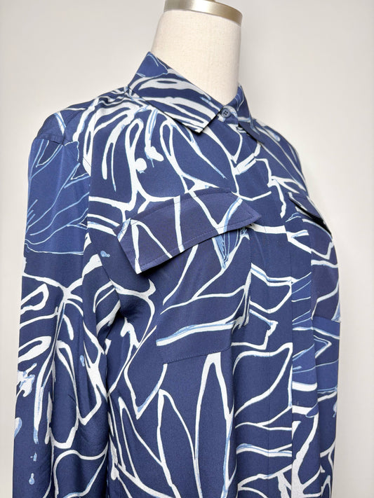 Women Size S Lafayette 148 Blue, White Print Pure Silk Shirt