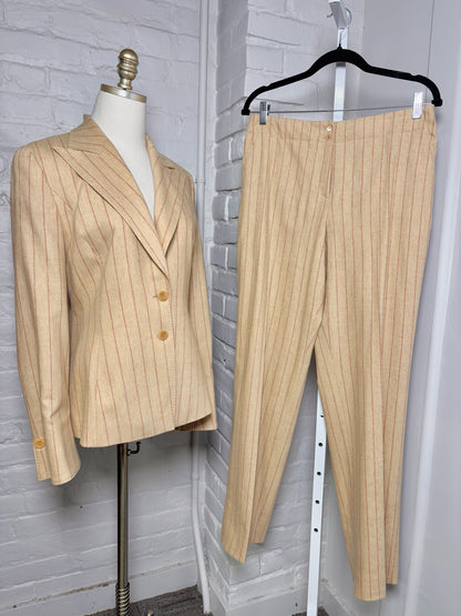 Women Size 40 (8) Feraud Camel Striped Vintage Wool 2 Piece Pant Suit