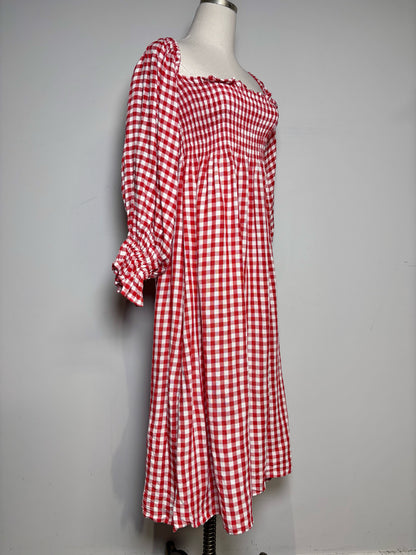 Women Size L SLEEPER Red, White Gingham Linen Blend Midi Dress