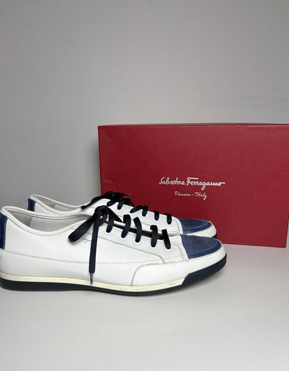 Salvatore Ferragamo White, Blue Leather Colorblock Men's Pre-owned 11 Sneakers