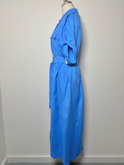 Women Size M Hunter Bell Blue Solid Linen Dress