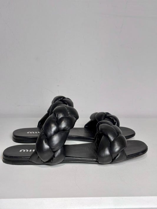 W Shoe Size 38 (8 US) Miu Miu Black Leather Women's Pre-owned Sandals