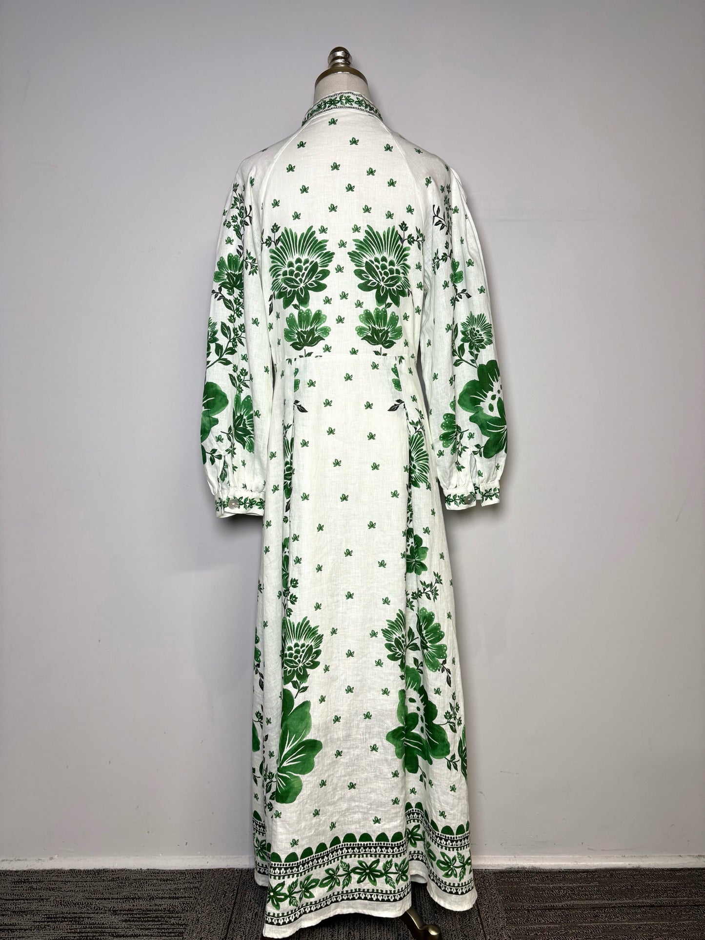 Women Size M Magaschoni White, Green Floral Pure Linen Pre-owned Dress