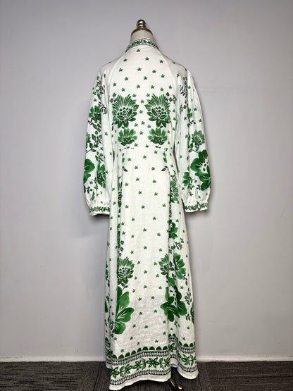 Women Size M Magaschoni White, Green Floral Pure Linen Pre-owned Dress