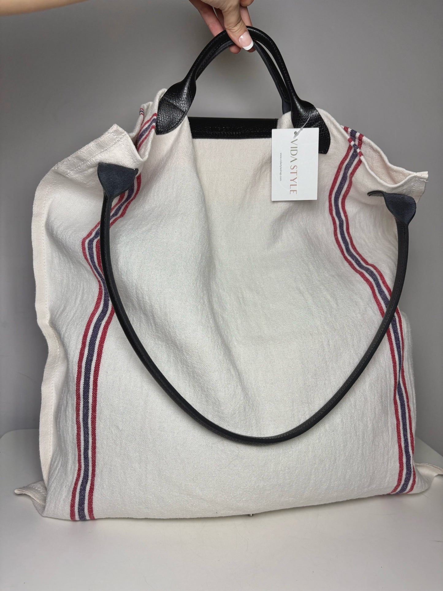 Longchamp Solid w/Stripe Accents Linen Pre-owned Off-white Cowhide Trim Purse