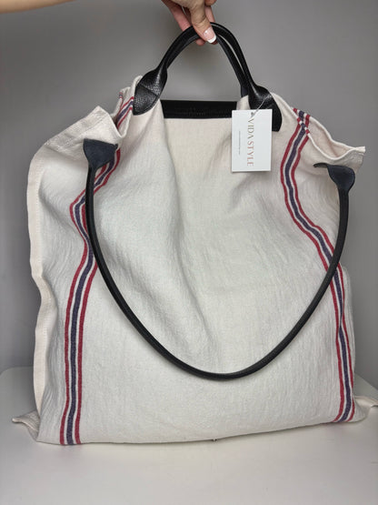 Longchamp Solid w/Stripe Accents Linen Pre-owned Off-white Cowhide Trim Purse