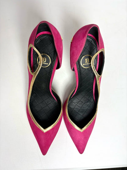 W Size 39 (8 - 8.5) Balmain Miley Fuchsia, Gold Trim Leather Suede NWOT Heels