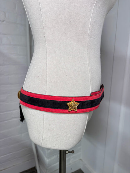 Escada Suede 42 (M, US) Vintage Navy Blue, Red w/Stars Hearts Studs Belt