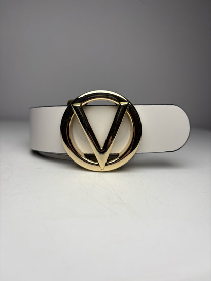 Women's Size S Mario Valentino V Giusy Beige Leather Gold-Tone Logo Pre-Owned Belt