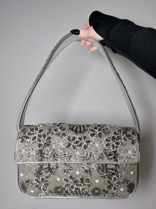 Staud Tommy Floral Beads Pre-owned Silver Leather Trim/Strap Trim Shoulder Bag