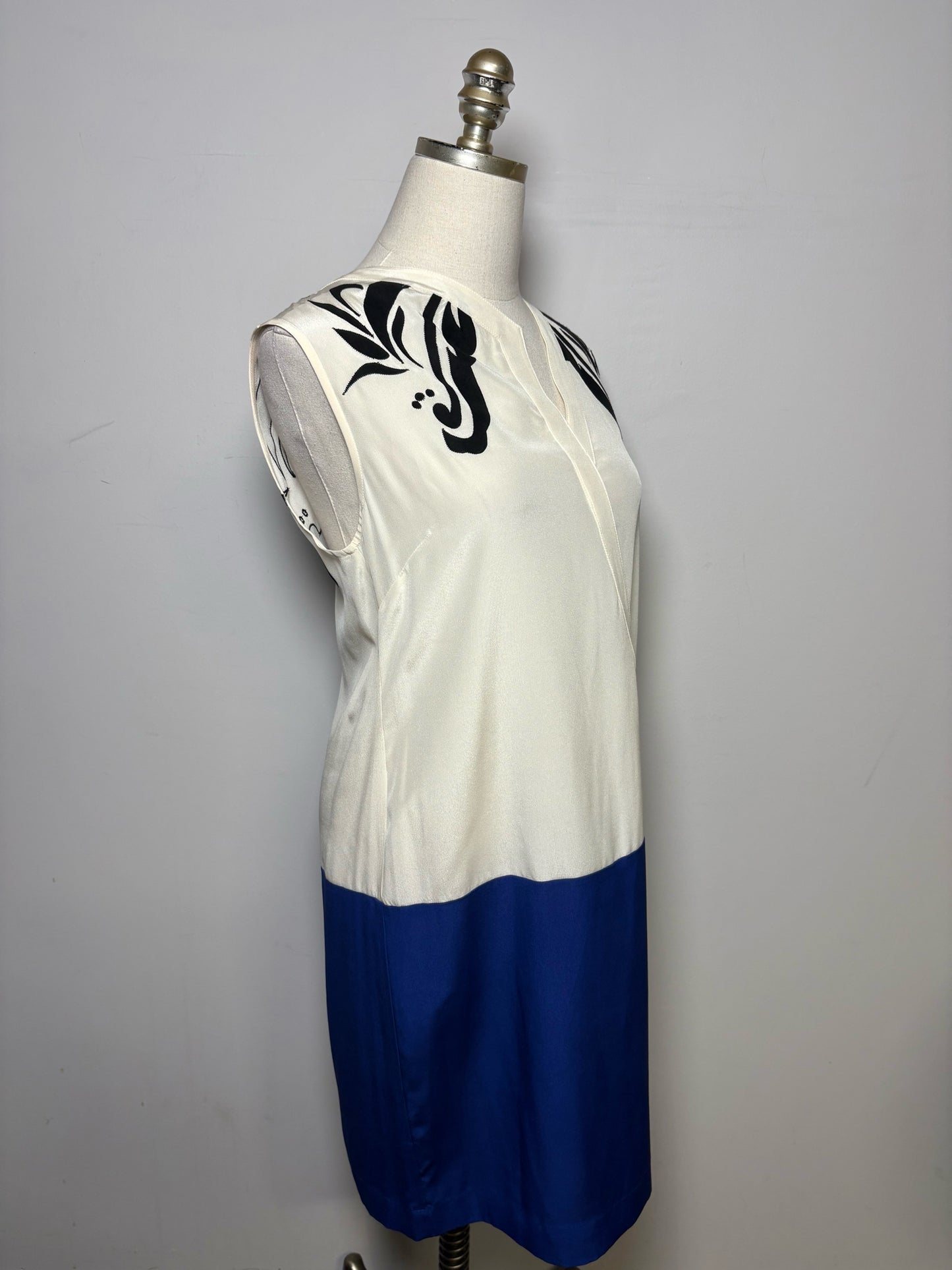 Women Size 6 Derek Lam 10 Crosby Cream, Blue Patches, Colorblock 100% Silk Dress