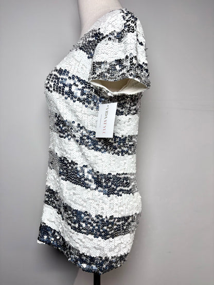Women Size S Alice + Olivia White & Silver Horizontal Stripes Top