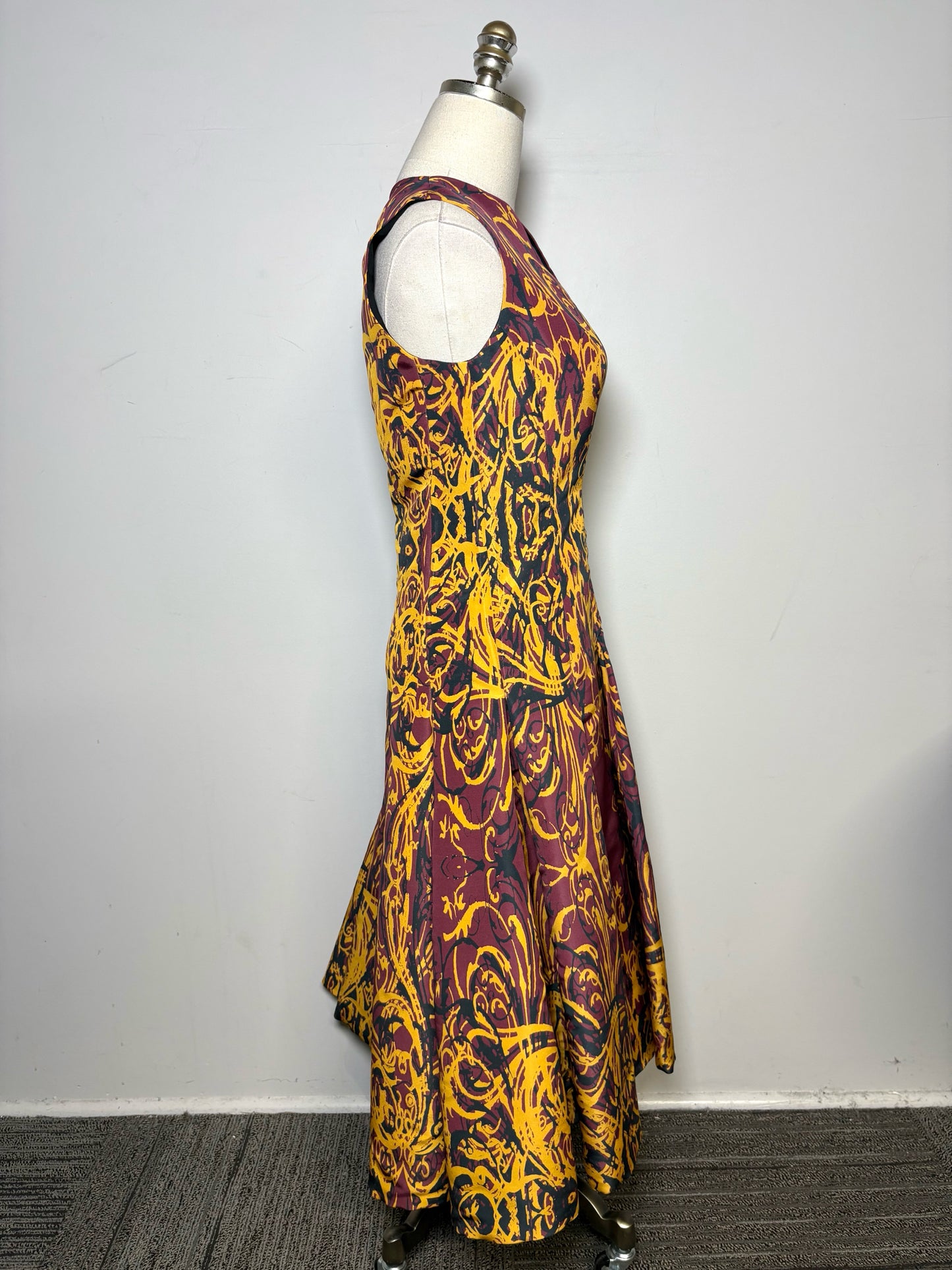 Women Size 4 Wes Gordon Gold, Burgundy, Black Print 100% Silk Pre-owned Dress