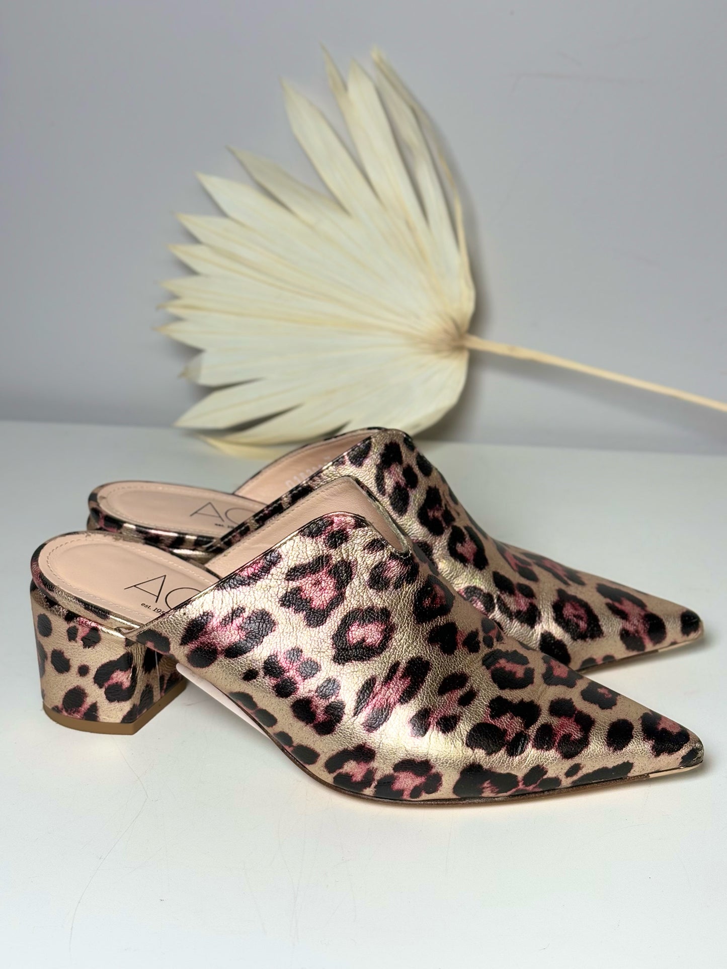 W Shoe Size 37 (6.5) AGL Gold Leather Leopard-Print Mule Pumps