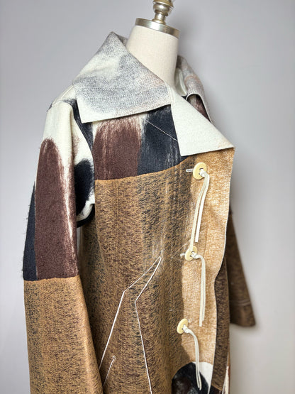 Rare, Vintage Issey Miyake Vintage Brown, Black, Cream Marbled Felt Coat, Sz S Pre-owned