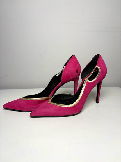 W Size 39 (8 - 8.5) Balmain Miley Fuchsia, Gold Trim Leather Suede NWOT Heels
