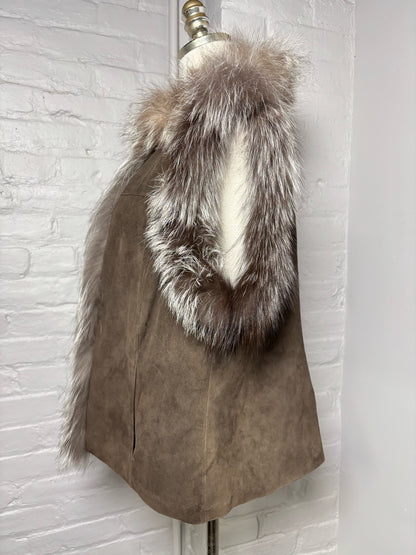 Women Size L Tyler Boe Brown Suede Solid, Fur Trim Vest