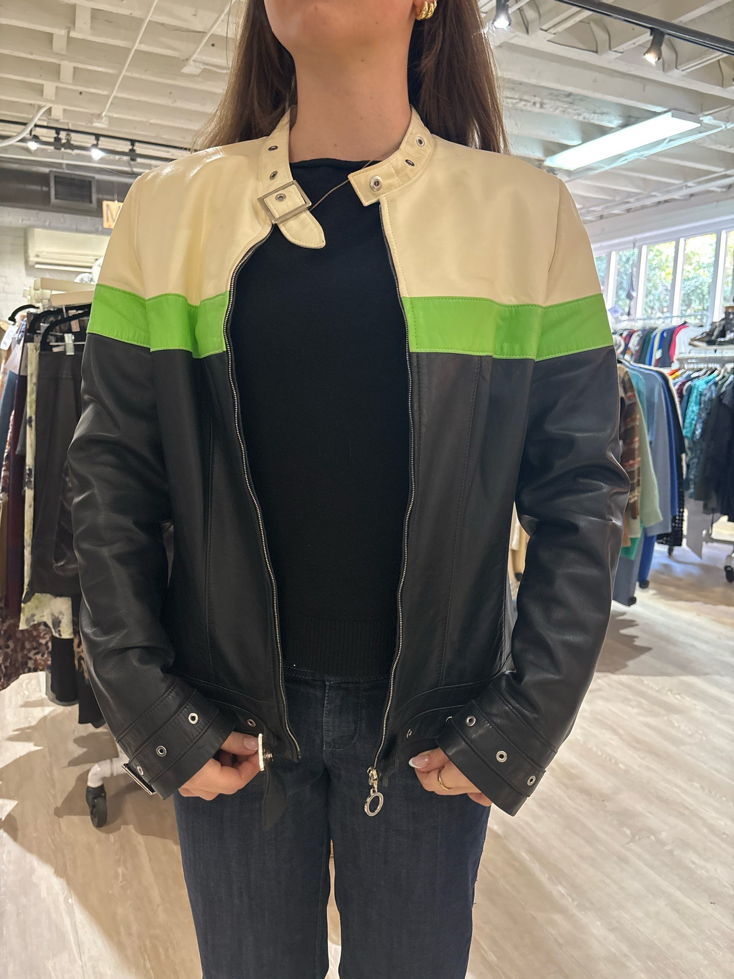 Women Size 42 (M, US) Escada Black, Green, Cream Colorblock Vintage Jacket