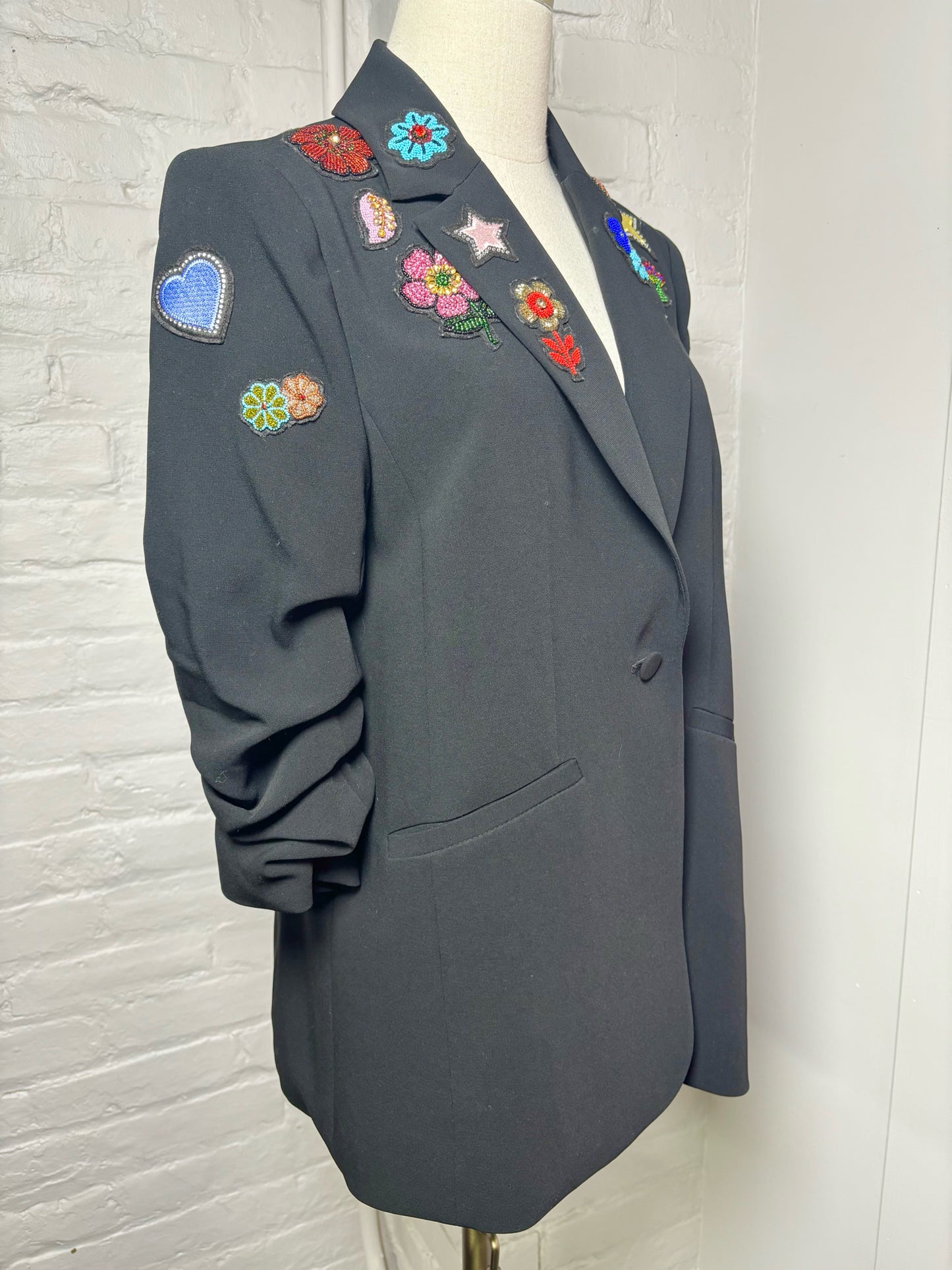Women Size 4 Cinq a Sept Black Patches, Beads Embellishments Blazer