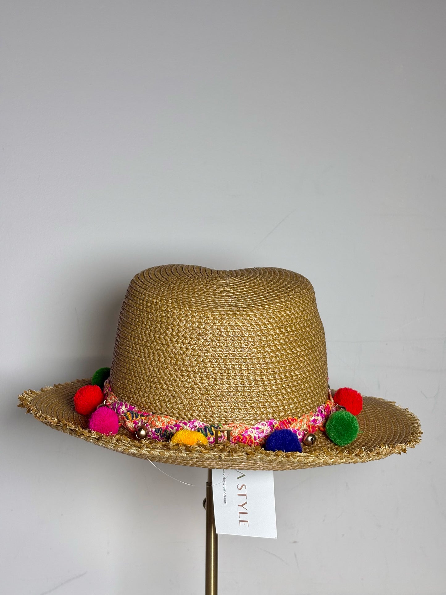 Eric Javits Straw Multi-color Pom Poms Pre-owned Natural One Size Hat