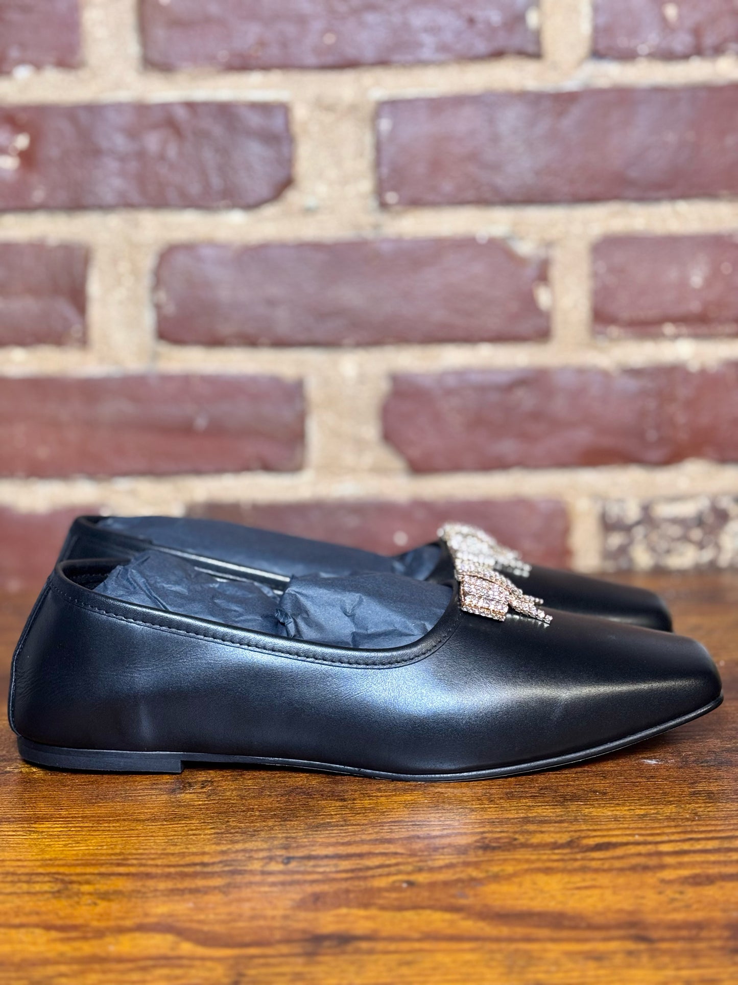 W Shoe Size 9 Freda Salvador Black Crystal Bow Pre-owned, NWT Flats