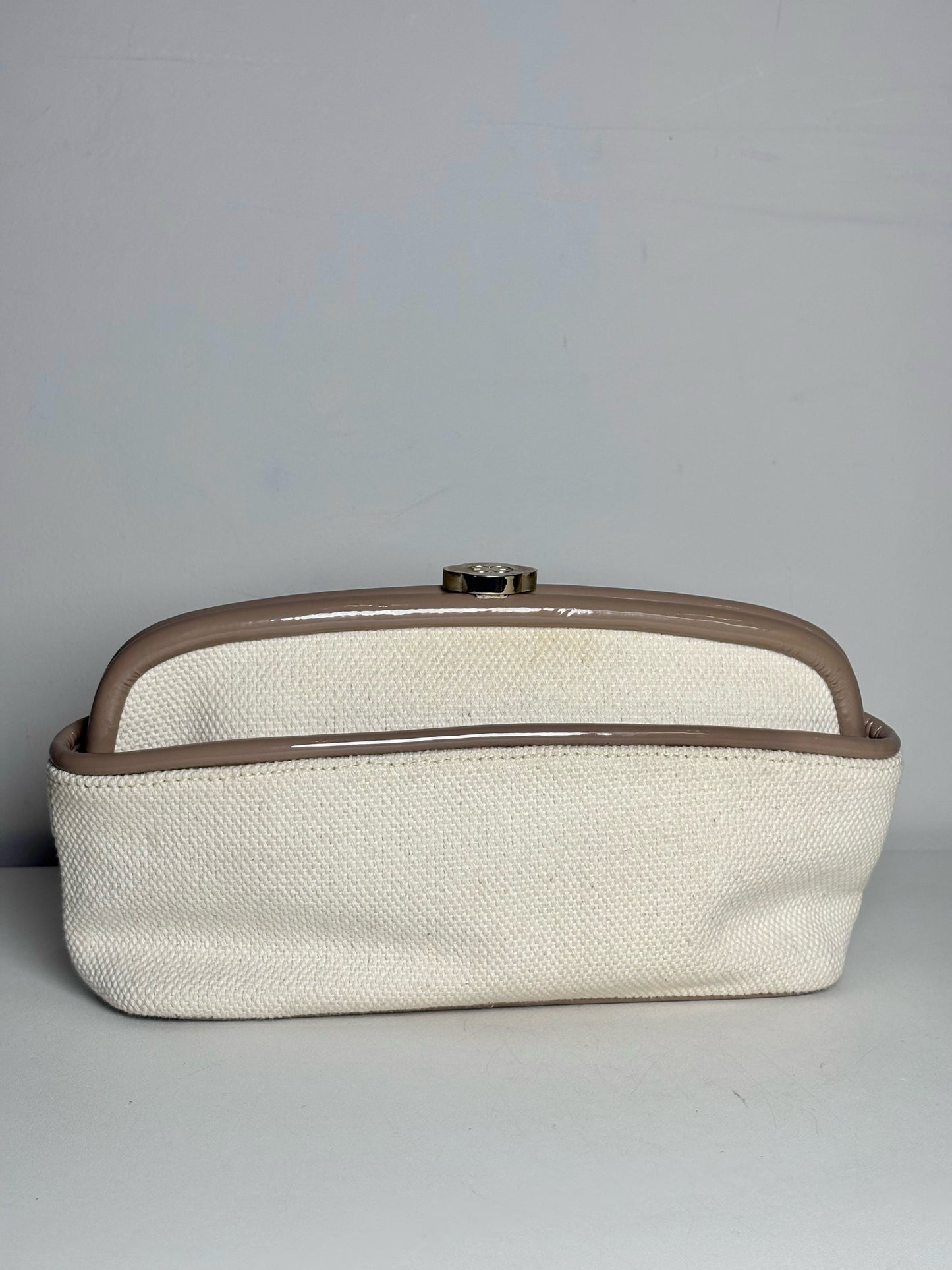 Escada Woven Canvas Pre-owned, NWT Tan, beige Patent Clutch Purse
