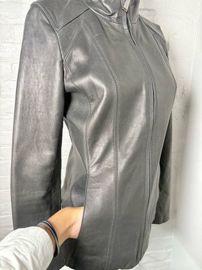Women Size S DKNY Black Solid Leather Jacket