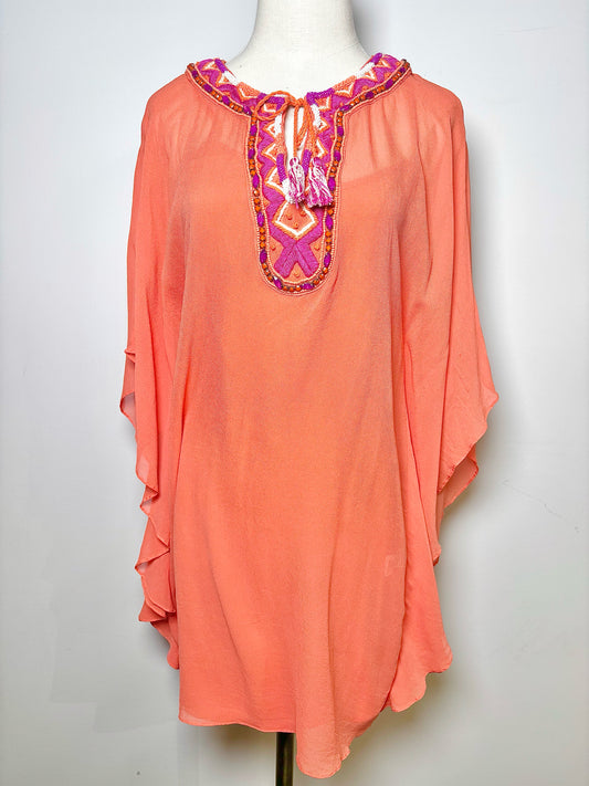 Women Size 2 Trina Turk Salmon Solid Silk Butterfly Sleeves Dress