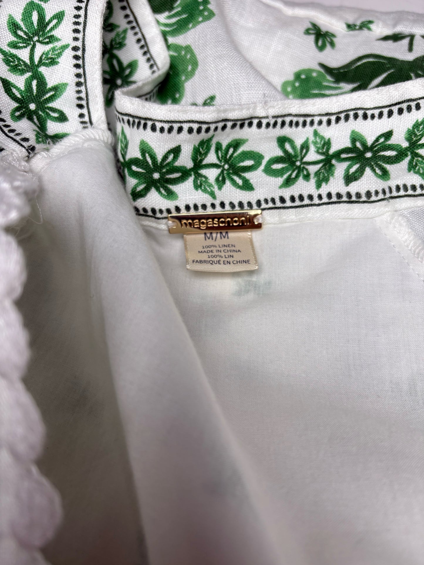 Women Size M Magaschoni White, Green Floral Pure Linen Pre-owned Dress