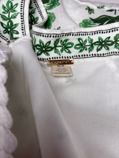 Women Size M Magaschoni White, Green Floral Pure Linen Pre-owned Dress