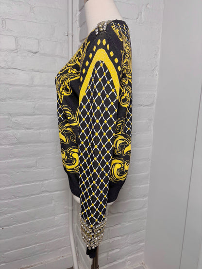 Women Size M Karen Millen Yellow, Black, Red Crystals, Swirls Knit Sweater