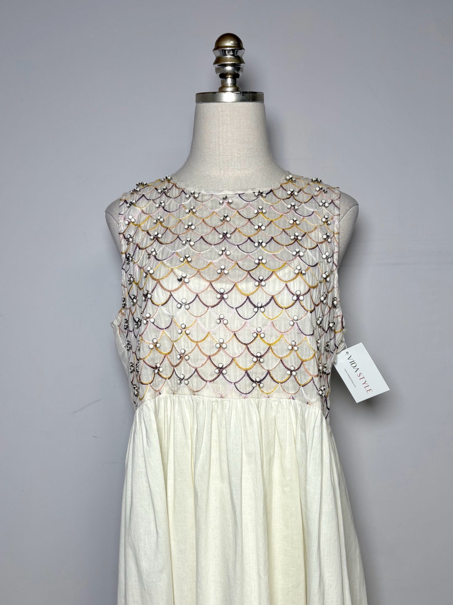 Women Size 1 (2 - 4 US) Megan Park Cream Scalloped Pure Cotton Pre-owned Dress