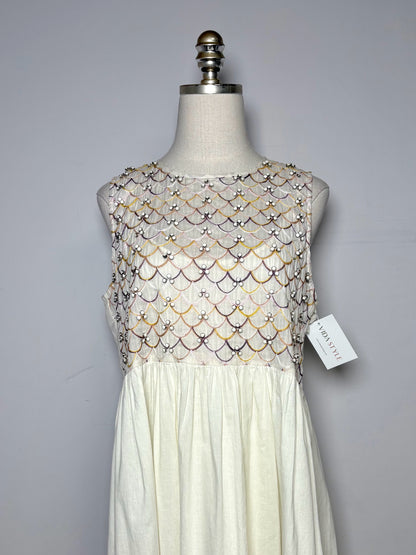 Women Size 1 (2 - 4 US) Megan Park Cream Scalloped Pure Cotton Pre-owned Dress