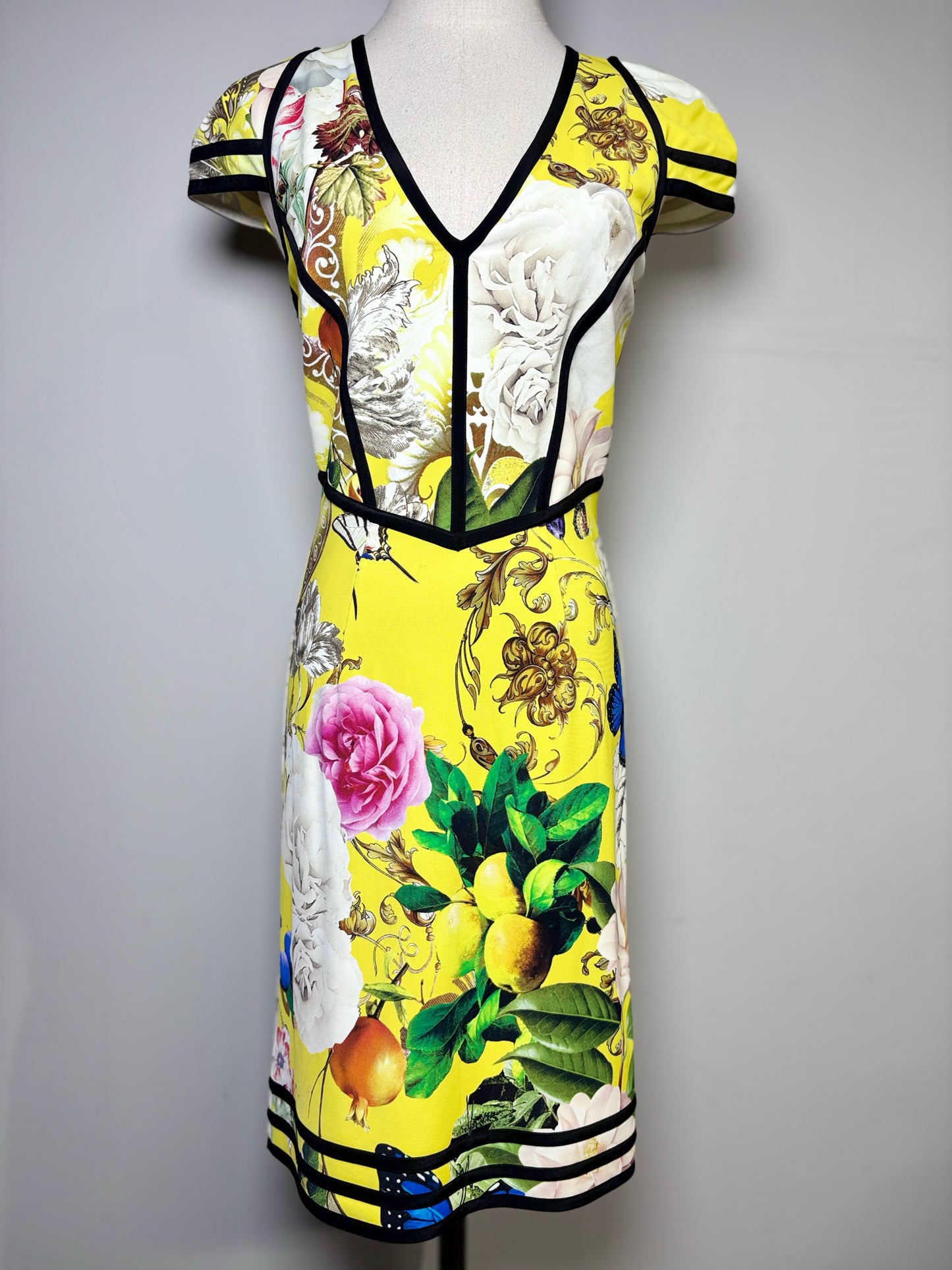 Women Size 40 Roberto Cavalli Yellow Black Wonderland Sheath Floral Print Dress